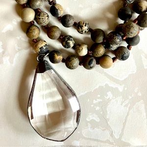 Designer Jasper beaded wrap necklace with large glass pendant